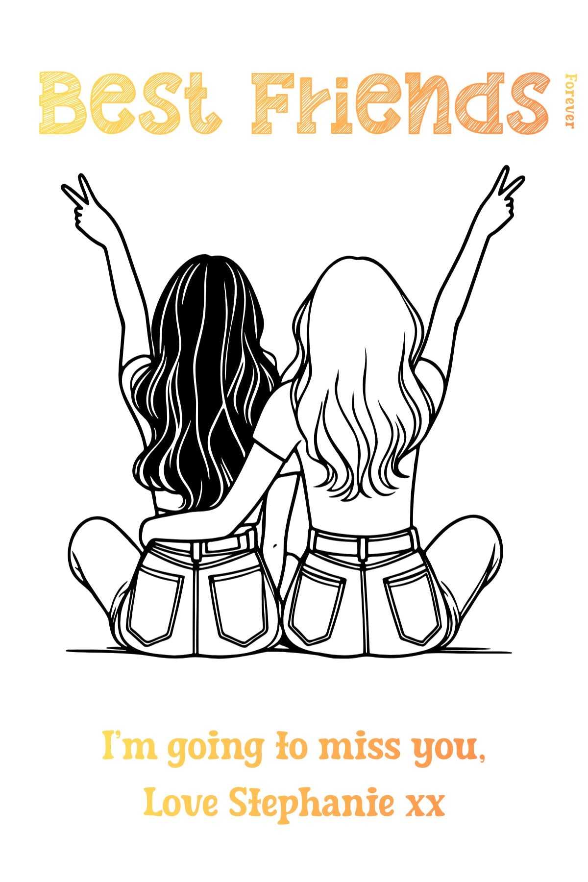Always Together Friendship Card featuring two friends sitting together with arms linked, and 'Best Friends Forever' text in yellow and orange gradient.