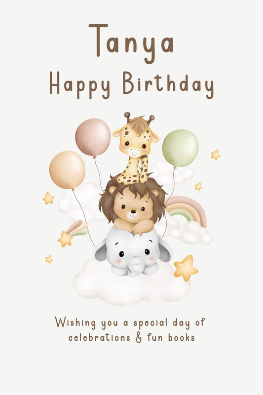 Personalised Cloudy Safari Balloons Birthday Card with a stack of cute elephant, lion, and giraffe animals floating on clouds with pastel balloons and a rainbow.