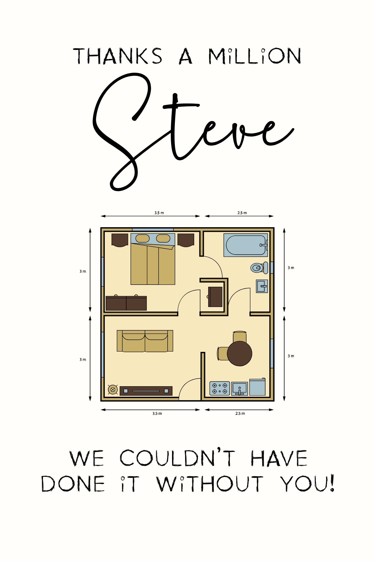 Personalized 'Construction - Thanks a Million' thank you card with a floor plan design and the name 'Steve' in script.