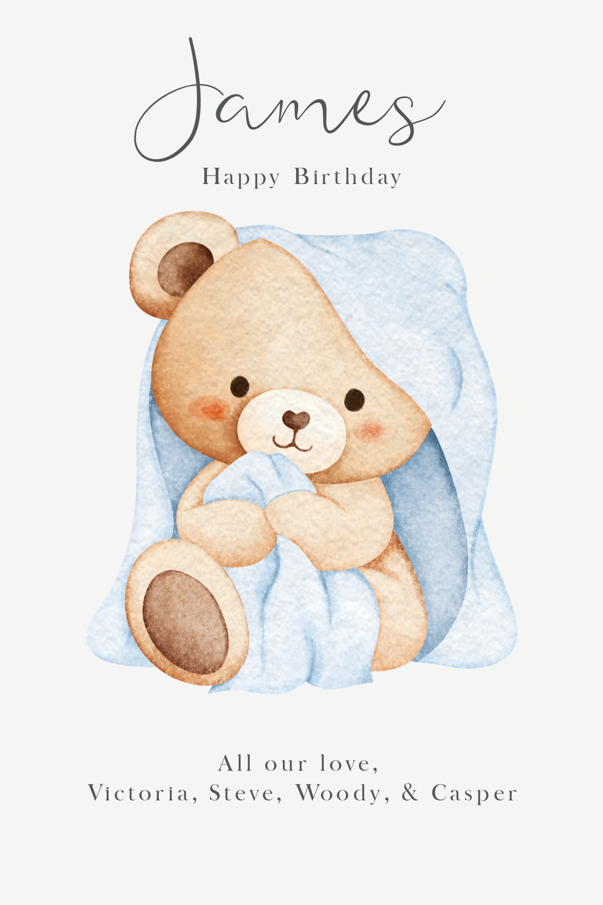 Snuggly Bear Watercolour Birthday Card 4x6"